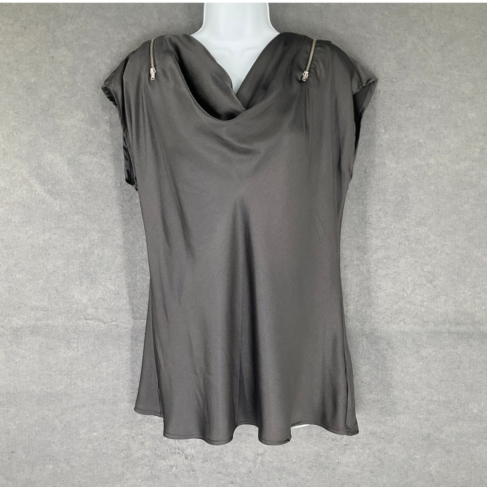 APT 9 Top Womens Sz L Gray Zipper Detail Cowl Neck Satin Blouse Office Cocktail